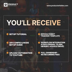 Pode incluir: Gr&aacute;fico com o texto "YOU'LL RECEIVE" e marcadores listando: Tutorial de configura&ccedil;&atilde;o, Modelo de rastreamento do Google Sheet, Guia de configura&ccedil;&atilde;o de API Config & Node, Etapas de integra&ccedil;&atilde;o do fluxo de trabalho, Automa&ccedil;&atilde;o de upload para o YouTube e Propriedade total.