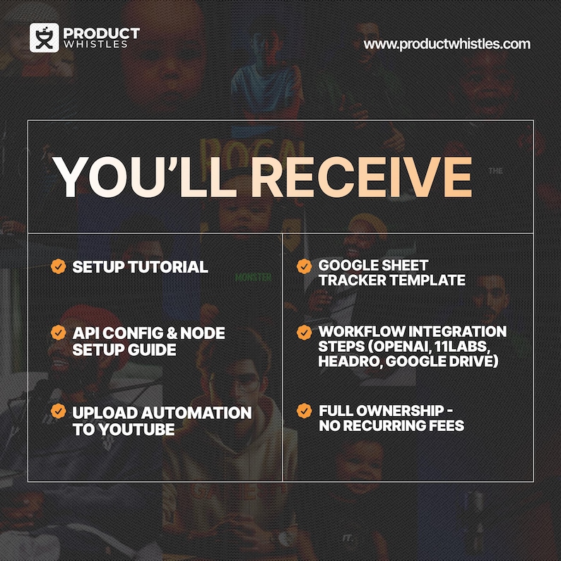 Pode incluir: Gr&aacute;fico com o texto "YOU'LL RECEIVE" e marcadores listando: Tutorial de configura&ccedil;&atilde;o, Modelo de rastreamento do Google Sheet, Guia de configura&ccedil;&atilde;o de API Config & Node, Etapas de integra&ccedil;&atilde;o do fluxo de trabalho, Automa&ccedil;&atilde;o de upload para o YouTube e Propriedade total.