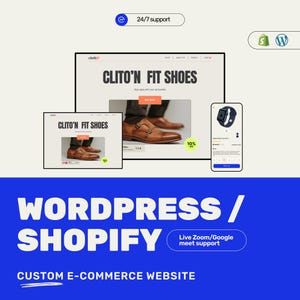 May include: Website mockup for an online shoe store called "CLITO'N FIT SHOES". The website features a brown leather shoe with a buckle strap. The website also includes a 10% off sale.