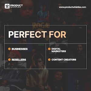 Pode incluir: Imagem promocional com o logotipo da Product Whistles e o endere&ccedil;o do site. O texto "PERFECT FOR" &eacute; exibido em destaque, seguido de listas de p&uacute;blicos-alvo: Empresas, Revendedores, Profissionais de Marketing Digital e Criadores de Conte&uacute;do.