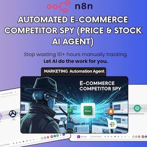 May include: A digital graphic promoting an automated e-commerce competitor spy. The image features the text "AUTOMATED E-COMMERCE COMPETITOR SPY (PRICE & STOCK AI AGENT)" and "MARKETING Automation Agent". An illustration of a spy with AI technology is also included.