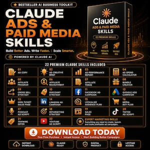 Puede incluir: Una caja de producto digital negra titulada Claude Ads & Paid Media Skills con texto e iconos naranjas. Enumera 22 habilidades premium que incluyen redacción publicitaria, programas de afiliados y varias estrategias de campañas publicitarias.