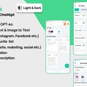 Pode incluir: Imagem promocional do aplicativo AI Notes, com tecnologia ChatGPT. O aplicativo apresenta AI Quick Notes, áudio para texto, imagem para texto e geração de postagens para mídias sociais. Inclui temas claros e escuros e assinaturas no aplicativo.