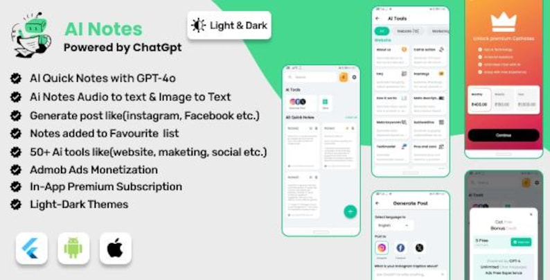 Może przedstawiać: Obraz promocyjny dla aplikacji AI Notes, zasilany przez ChatGPT. Aplikacja oferuje szybkie notatki AI, audio na tekst, obraz na tekst i generowanie post&oacute;w dla medi&oacute;w społecznościowych. Zawiera jasne i ciemne motywy oraz subskrypcje w aplikacji.