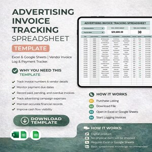 May include: A digital advertising invoice tracking spreadsheet template. The template includes sections for tracking invoice numbers, due dates, and campaign expenses. The spreadsheet is compatible with Excel and Google Sheets.