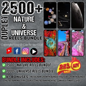 May include: A digital marketing bundle for social media featuring 2,500+ nature and universe themed reels. The bundle includes 1,500+ nature reels, 1,000+ universe reels, and 6+ bonuses. The text "25% off sale" and "HOT" are displayed in red and yellow.