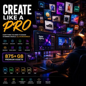 May include: A digital design bundle advertisement with the text "CREATE LIKE A PRO" in large, bold letters. The image features a person working on a computer with design elements floating in the background, including templates, mockups, graphics, and fonts. The bundle includes 875+ GB of premium assets.