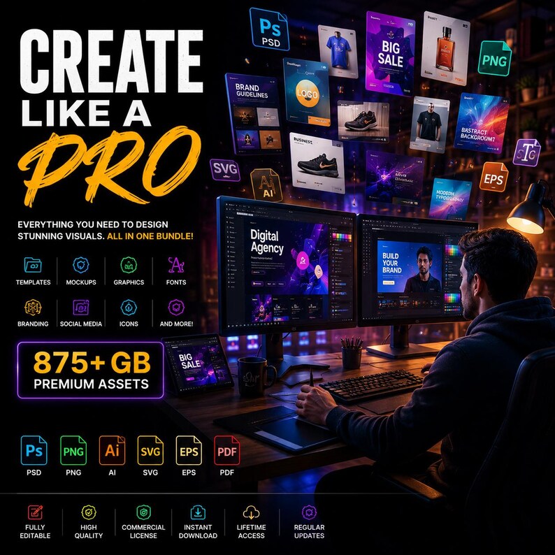 May include: A digital design bundle advertisement with the text "CREATE LIKE A PRO" in large, bold letters. The image features a person working on a computer with design elements floating in the background, including templates, mockups, graphics, and fonts. The bundle includes 875+ GB of premium assets.