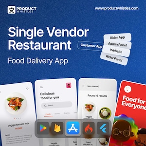 May include: A promotional image for a food delivery app, featuring app interface mockups and the text "Single Vendor Restaurant Food Delivery App." The app interfaces display food options and search functions. The image also includes app icons and the website address.