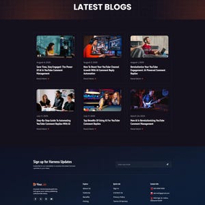 May include: A website homepage with a dark blue and orange gradient design. The page features the text "LATEST BLOGS" and several blog post previews with titles and dates. The bottom section includes a signup form and contact information.