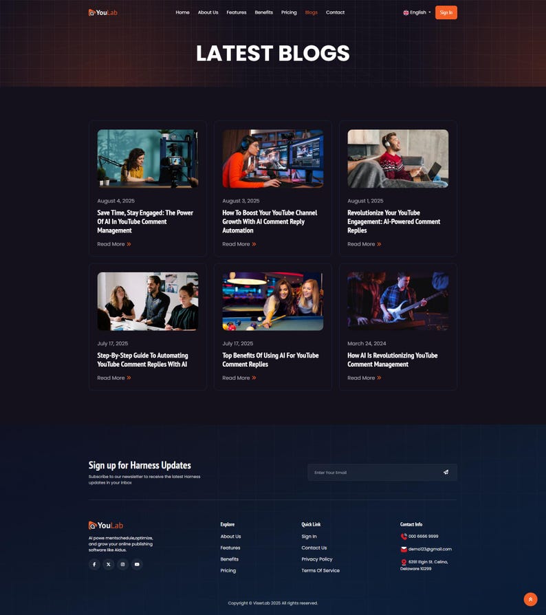 May include: A website homepage with a dark blue and orange gradient design. The page features the text "LATEST BLOGS" and several blog post previews with titles and dates. The bottom section includes a signup form and contact information.