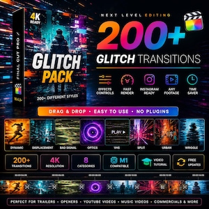 Puede incluir: Gráfico promocional para un "Glitch Pack" para edición de vídeo, con un diseño oscuro y futurista. La imagen destaca "200+ Glitch Transitions", resolución 4K y compatibilidad con Final Cut Pro X. Incluye el texto "Drag & Drop - Easy to Use - No Plugins".