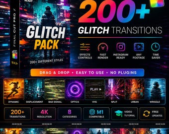 Puede incluir: Gráfico promocional para un "Glitch Pack" para edición de vídeo, con un diseño oscuro y futurista. La imagen destaca "200+ Glitch Transitions", resolución 4K y compatibilidad con Final Cut Pro X. Incluye el texto "Drag & Drop - Easy to Use - No Plugins".
