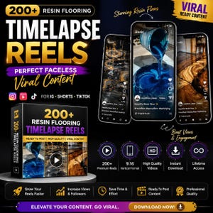 May include: A digital product package featuring 200+ resin flooring timelapse reels for social media. The display includes three smartphone screens showing resin pouring videos, a box graphic, and icons for high quality, 9:16 format, and instant download.