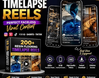 Könnte beinhalten: Ein digitales Produktpaket mit über 200 Zeitraffer-Videos von Harzböden für soziale Medien. Die Darstellung umfasst drei Smartphone-Bildschirme mit Harz-Gießvideos, eine Box-Grafik sowie Symbole für hohe Qualität, 9:16-Format und sofortigen Download.