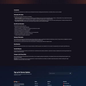 May include: A webpage displaying a "Privacy Policy" document. The page features a dark background with white text, including headings like "Introduction" and "Information We Collect." The YouLab logo is visible at the top and bottom. The page also includes a sign-up form for Harness Updates.