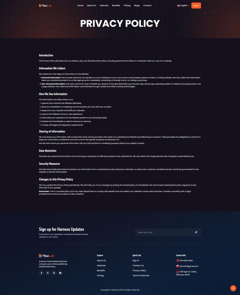 May include: A webpage displaying a "Privacy Policy" document. The page features a dark background with white text, including headings like "Introduction" and "Information We Collect." The YouLab logo is visible at the top and bottom. The page also includes a sign-up form for Harness Updates.