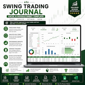 Könnte beinhalten: Ein Laptop-Bildschirm zeigt eine Excel- und Google Sheet-Vorlage "Swing Trading Journal". Die grün-weiße Oberfläche enthält Diagramme und Datenvisualisierungen zur Verfolgung von Trades, Analyse der Performance und Optimierung von Strategien. Die Vorlage enthält Schritt-für-Schritt-Anleitungen.