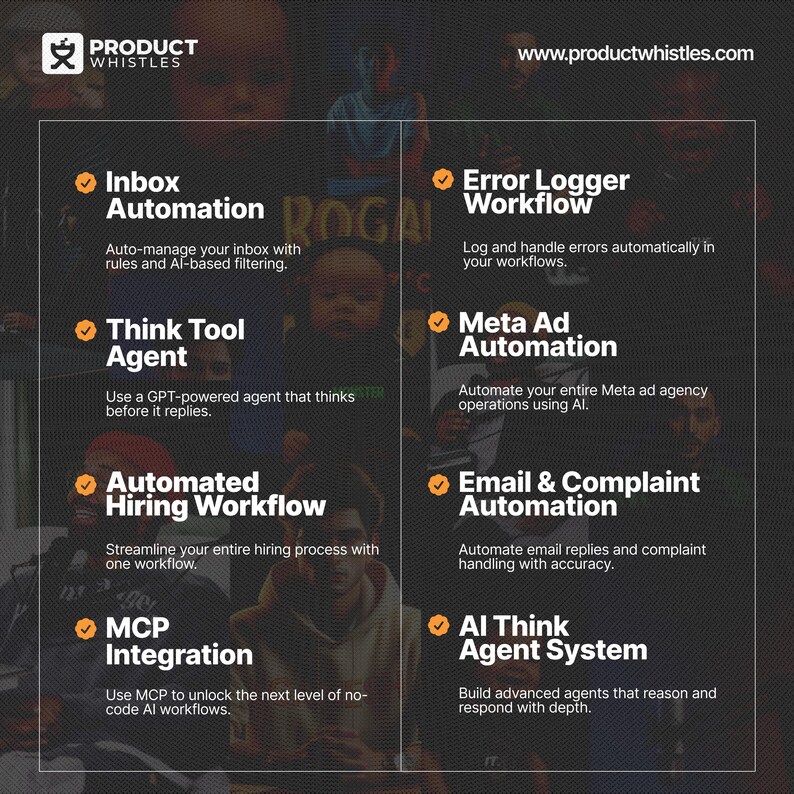 Pode incluir: Um gr&aacute;fico cinza escuro com o logotipo da Product Whistles e o endere&ccedil;o do site. A imagem lista v&aacute;rios recursos de automa&ccedil;&atilde;o, incluindo Inbox Automation, Error Logger Workflow e AI Think Agent System, cada um com uma breve descri&ccedil;&atilde;o.