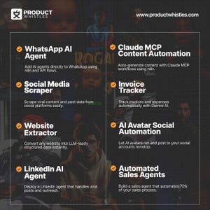 Pode incluir: Um gr&aacute;fico escuro com o logotipo da Product Whistles e o endere&ccedil;o do site. A imagem lista v&aacute;rias ferramentas alimentadas por IA, incluindo um agente WhatsApp AI, um raspador de m&iacute;dia social, um extrator de site e um agente LinkedIn AI. Outras ferramentas incluem automa&ccedil;&atilde;o de conte&uacute;do Claude MCP, rastreador de faturas, automa&ccedil;&atilde;o social AI Avatar e agentes de vendas automatizados.