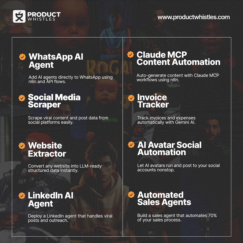 Pode incluir: Um gr&aacute;fico escuro com o logotipo da Product Whistles e o endere&ccedil;o do site. A imagem lista v&aacute;rias ferramentas alimentadas por IA, incluindo um agente WhatsApp AI, um raspador de m&iacute;dia social, um extrator de site e um agente LinkedIn AI. Outras ferramentas incluem automa&ccedil;&atilde;o de conte&uacute;do Claude MCP, rastreador de faturas, automa&ccedil;&atilde;o social AI Avatar e agentes de vendas automatizados.