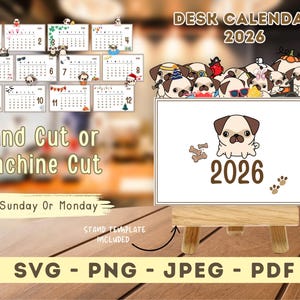 Pode incluir: Um calendário de secretária para 2026 com tema pug. O calendário apresenta páginas mensais com ilustrações de pugs e uma borda superior decorativa com personagens de pugs. A imagem também inclui o texto "Hand Cut or machine Cut" e "Start Sunday or Monday".