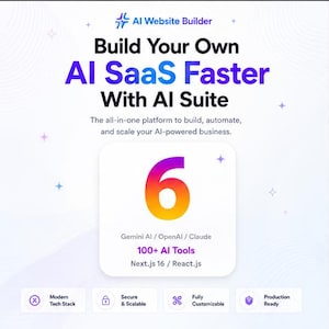 Puede incluir: Gr&aacute;fico promocional para un creador de sitios web de IA. El texto dice "Build Your Own AI SaaS Faster With AI Suite". Un gran n&uacute;mero 6 se muestra en un degradado de naranja y morado. El texto adicional incluye "100+ AI Tools" y "Next.js 16 / React.js."