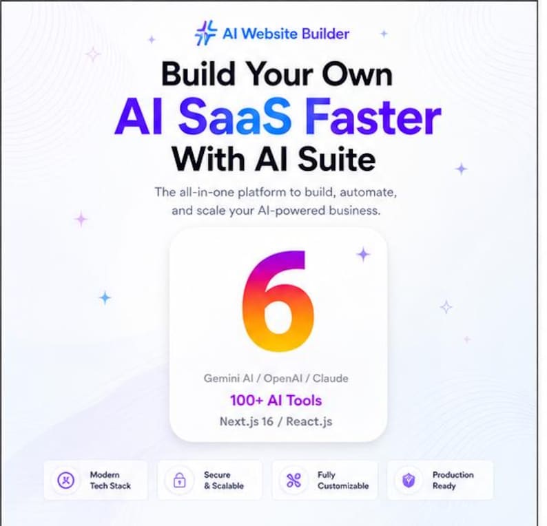 Puede incluir: Gr&aacute;fico promocional para un creador de sitios web de IA. El texto dice "Build Your Own AI SaaS Faster With AI Suite". Un gran n&uacute;mero 6 se muestra en un degradado de naranja y morado. El texto adicional incluye "100+ AI Tools" y "Next.js 16 / React.js."