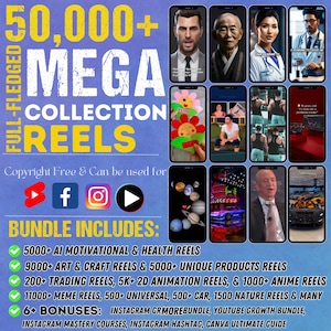 Colección de 50 000 megareels / Colección de más de 50 000 megareels: Reel motivacional con IA, Reel de salud con IA, Reel de naturaleza, Reel de autos, Reel de dibujos animados, etc.
