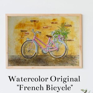 Pink Bicycle Art, French Bicycle Watercolor Original, Bicycle Wall Art, Bike Wall Art, Bike Painting, Watercolor Original Painting, Wall Art