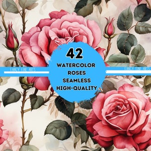 42 Watercolor Roses on White Background, High-quality Png, Commercial Use Amazing Seamless Patterns for Crafting or Sublimation