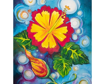 Gift for mom, Hibiscus watercolor, Hawaiian decor, Hibiscus flower, Hibiscus painting, Hibiscus fine art, Hibiscus wall art, Tropical flower