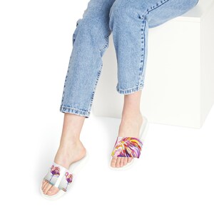 Pink Flamingo Women&#39;s PU Slide Sandals I Painted This Watercolor Flamingo and Put it on Sandals Flip Flop  Flamingos