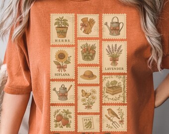 Koszulka z motywem botanicznym Vintage Stamps Comfort Colors®, koszulka Cottagecore Sunflower, koszulka ogrodnicza, prezent dla miłośnika znaczków pocztowych, koszulka z naszywką dyniową