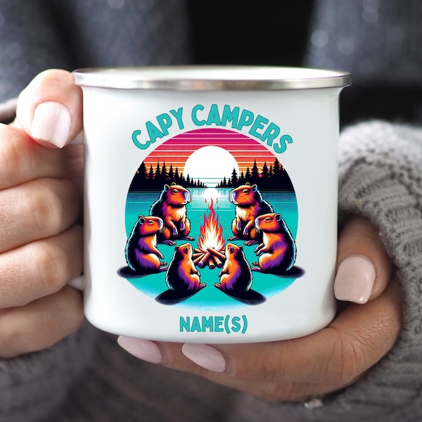 Cute Capybara Family Personalized Enamel Camping Mug Retro 80s Aesthetic Travel Cup Custom Name Girls or Guys Trip Matching Vacation Tumbler