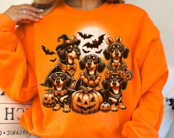 Dachshund Halloween Crewneck Sweatshirt Gift for Dog Mom or Dad Wiener Dog Witch Sweater Vintage Goth Sausage Dog Pullover Moon Teacher Gift