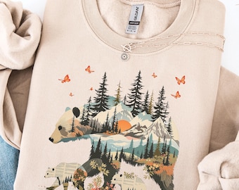 Grizzly Bear Adventure Crewneck Sweatshirt, Nature Lover Gift, Forest Bear Silhouette Pullover, Wildlife Sweatshirt for Hiking or Camping
