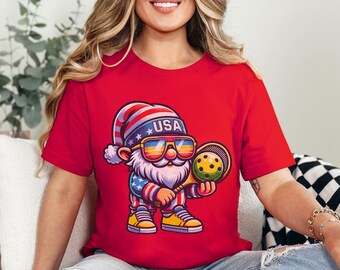 USA Retro Gnome Pickleball T Shirt American Flag Patriotic T-Shirt Gift for Dad Group Matching Sports Shirts 80's Style Graphic Tee 1980s