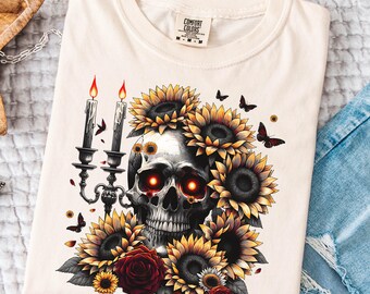 Gotisk blommig dödskalle-fjärils-t-shirt, Dark Academia Fashion, läskig höstgåva, Halloweenfest-t-shirts, blomskalle-t-shirt, solros-tröja