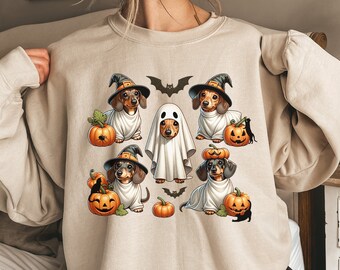 Dachshund Halloween Ghost Dogs Crewneck Sweatshirt Gift for Dog Mom or Dad Fall Holiday Matching Costume Cute Mini Wiener Dog Witch Sweater