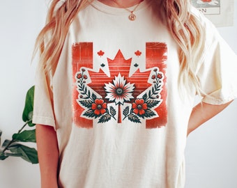 Canada Day Comfort Colors T Shirt Canadian Flag Shirt Distressed Vintage Canada Souvenir Gift Patriotic Flower T-Shirt for Sports Team Fan