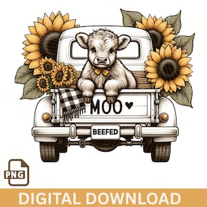 Highland Cow PNG, Sunflower Sublimation, Farmhouse Decor Digital Download, Country Cow Design, Vintage Truck DTG, Cottage Core Cow Clipart