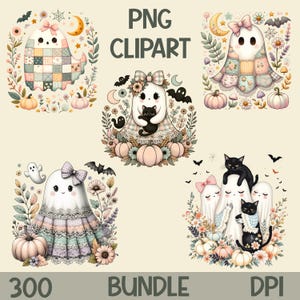 Könnte beinhalten: Eine Sammlung skurriler PNG-Clipart-Bilder mit freundlichen Geistern, Kürbissen, Fledermäusen und floralen Akzenten. Die Designs umfassen Geister mit Patchworkmustern, Schleifen und schwarzen Katzen, perfekt für Halloween- oder herbstliche Projekte. Der Text "PNG CLIPART", "300", "BUNDLE" und "DPI" ist enthalten.