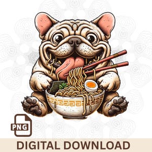 Buldog francuski PNG, Makaron cyfrowy do pobrania, Kawaii Food Sublimation, Japońskie Makaron DTG, Prezent dla Mamy Frenchie, Zabawne Cliparty Zwierząt, Memy