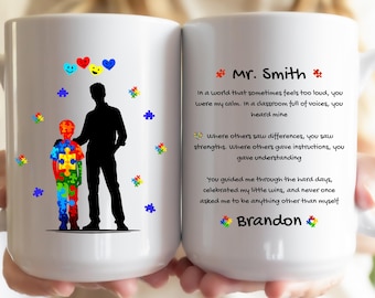Taza de agradecimiento para educación especial, taza de agradecimiento para maestros con autismo, regalo personalizado de un estudiante, taza de café con afirmaciones de concientización sobre el autismo