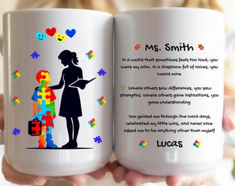 Taza de agradecimiento para educación especial, taza de agradecimiento para maestros con autismo, regalo personalizado de un estudiante, taza de café con afirmaciones de concientización sobre el autismo