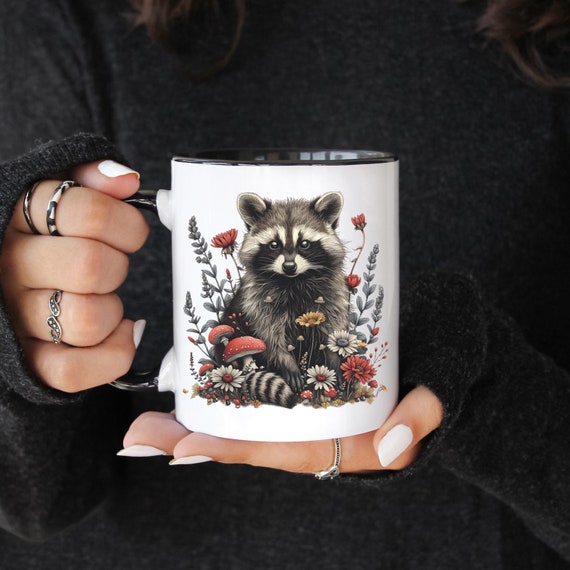 Vintage Floral Racoon Ceramic Coffee Cup Mushroom Mug Wild Flower Tumbler Gift for Nature or Outdoor Lover Cottagecore Dainty Daisy Tea Cup