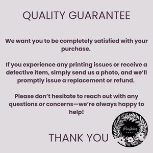 May include: A graphic with the text "QUALITY GUARANTEE" and "THANK YOU". The text explains the shop's satisfaction policy. A circular logo with floral elements and the shop's name is at the bottom.