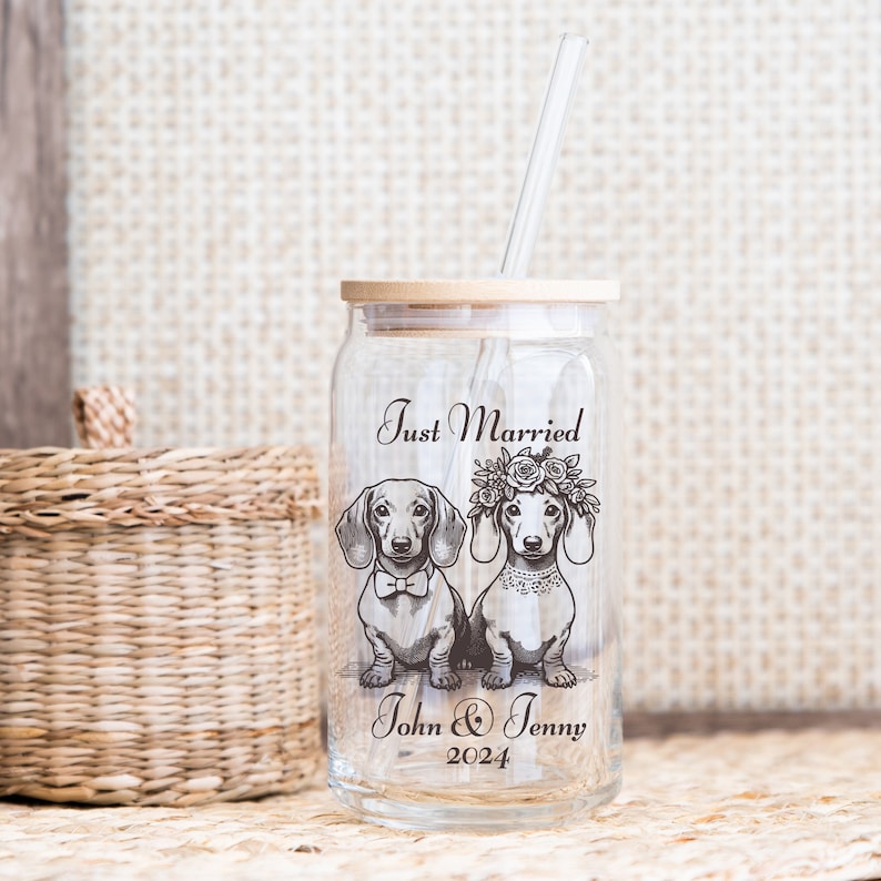 Dachshund Wedding Personalized Sipper Glass Custom Bridal Shower Gift Husband and Wife Cup for Newly Married Couple Wiener Dog Owner Tumbler