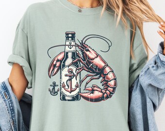 Maine Shirt Vintage Fisherman Aesthetic, Funny Lobster T-Shirt, Beer Tshirt Gift for Dad, Travel Shirt for Cruise Vacation, Anchor Hoodie
